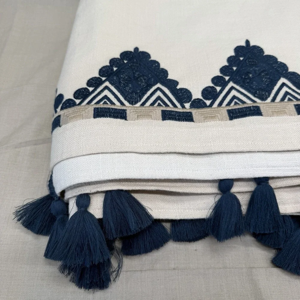 West Elm Linen Curtain Panels with Navy Embroidered Edge and Tassels (Set of 2)